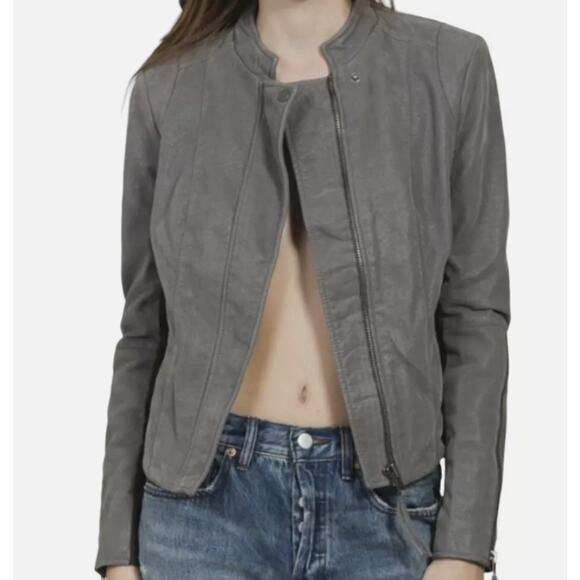 Free People Gray Faux Vegan Leather Zip Up Moto Jacket Women Sz 10 - Picture 14 of 16